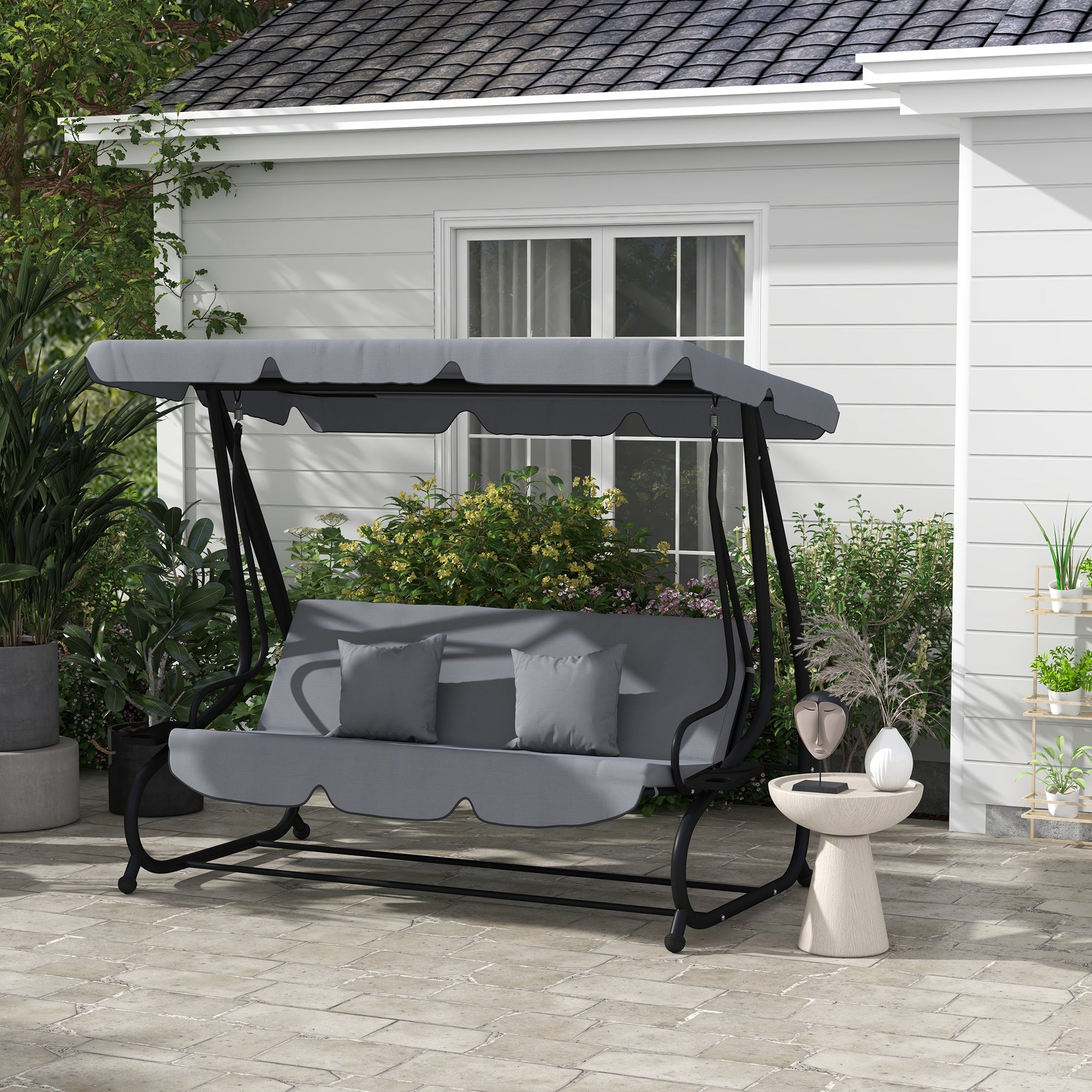 Free Standing Swing Bench, Porch Swing with Stand, Adjustable Canopy, Cushion and Pillows, Dark Gray