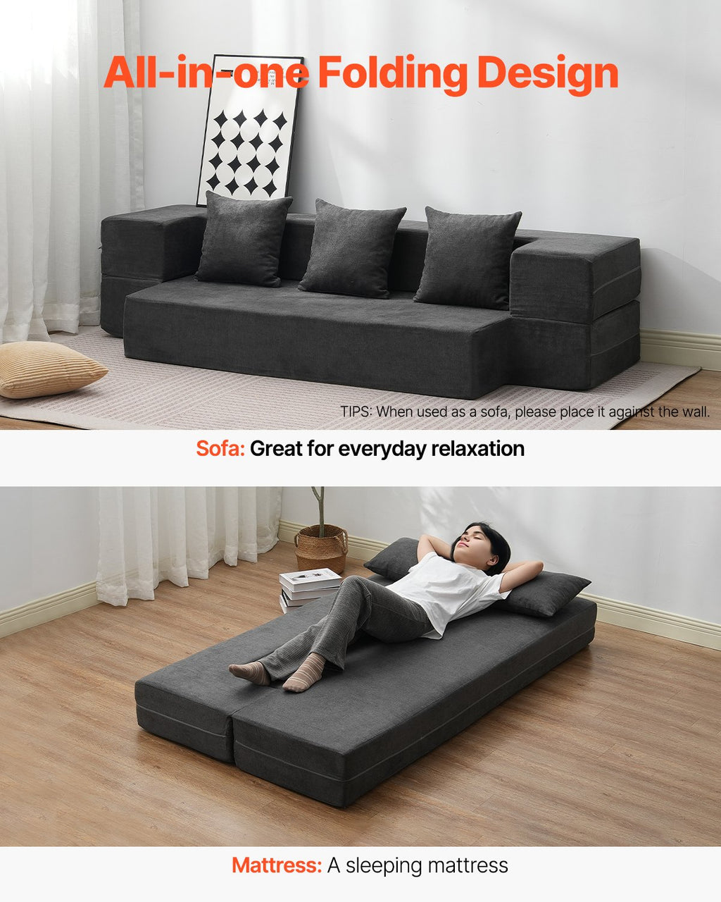 Folding Sofa Bed, 3-in-1 Foldable Couch Bed With 3 Pillows And Washable Cover, 25D High Density Memory Foam Convertible Sleeper Chair Bed, Futon Couch For Living Room, Bedroom, Dark Grey(Twin)
