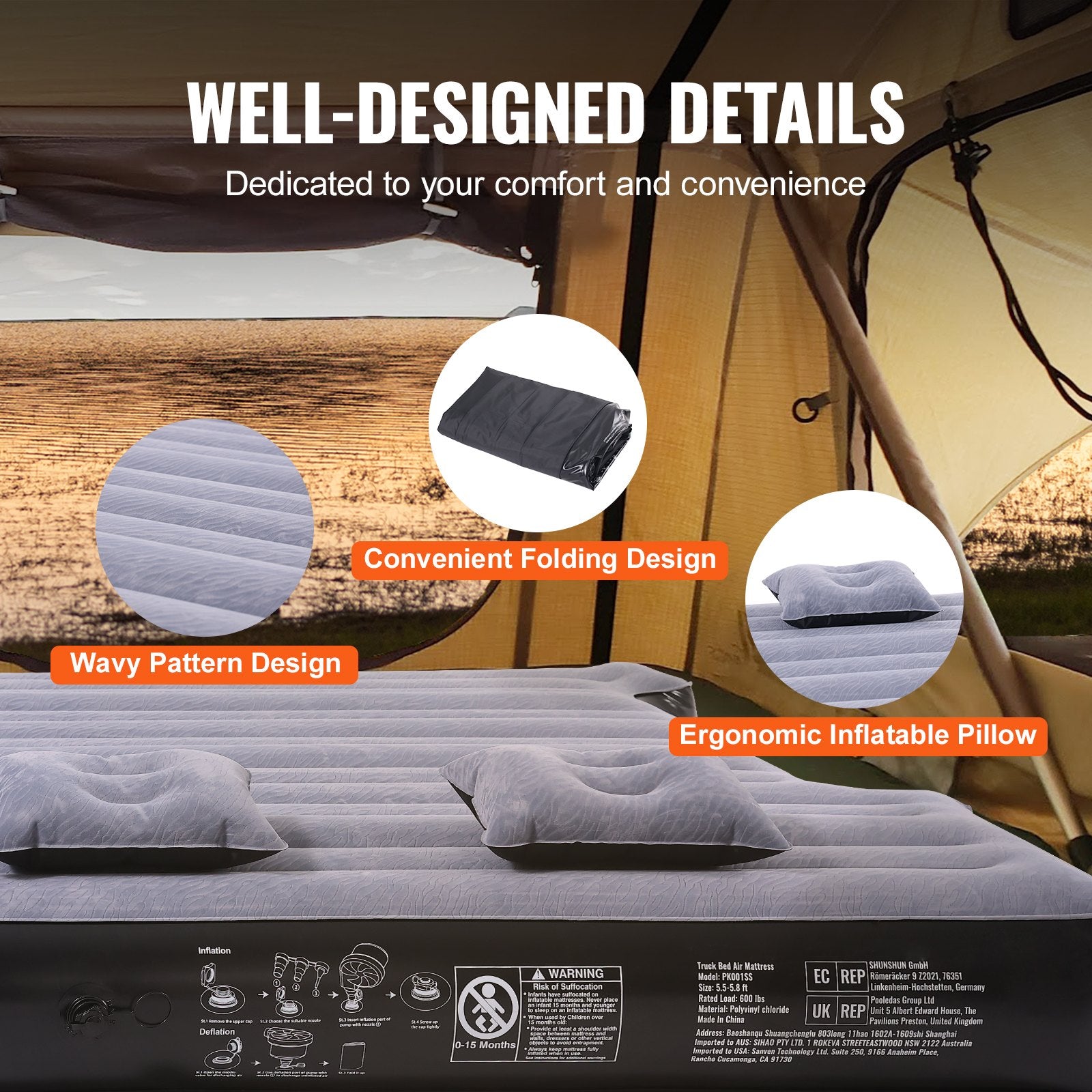 Truck Bed Air Mattress, For 5.5-5.8 Ft Full Size Short Truck Beds, Inflatable Air Mattress Camping Bed With 12V Air  2 Pillows, Carry Bag, For Silverado, RAM, F Series, Sierra, Titan, Tundra