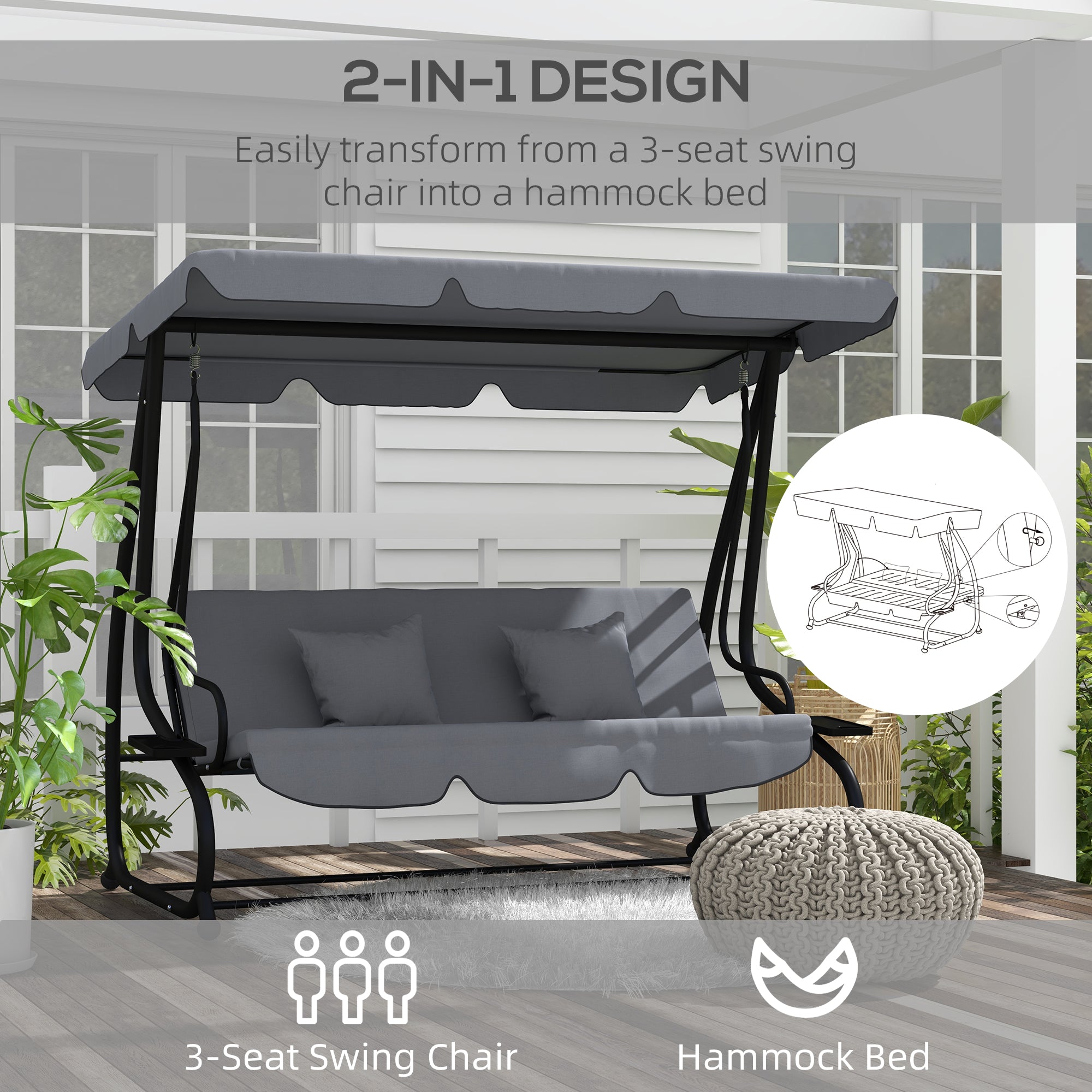 Free Standing Swing Bench, Porch Swing with Stand, Adjustable Canopy, Cushion and Pillows, Dark Gray