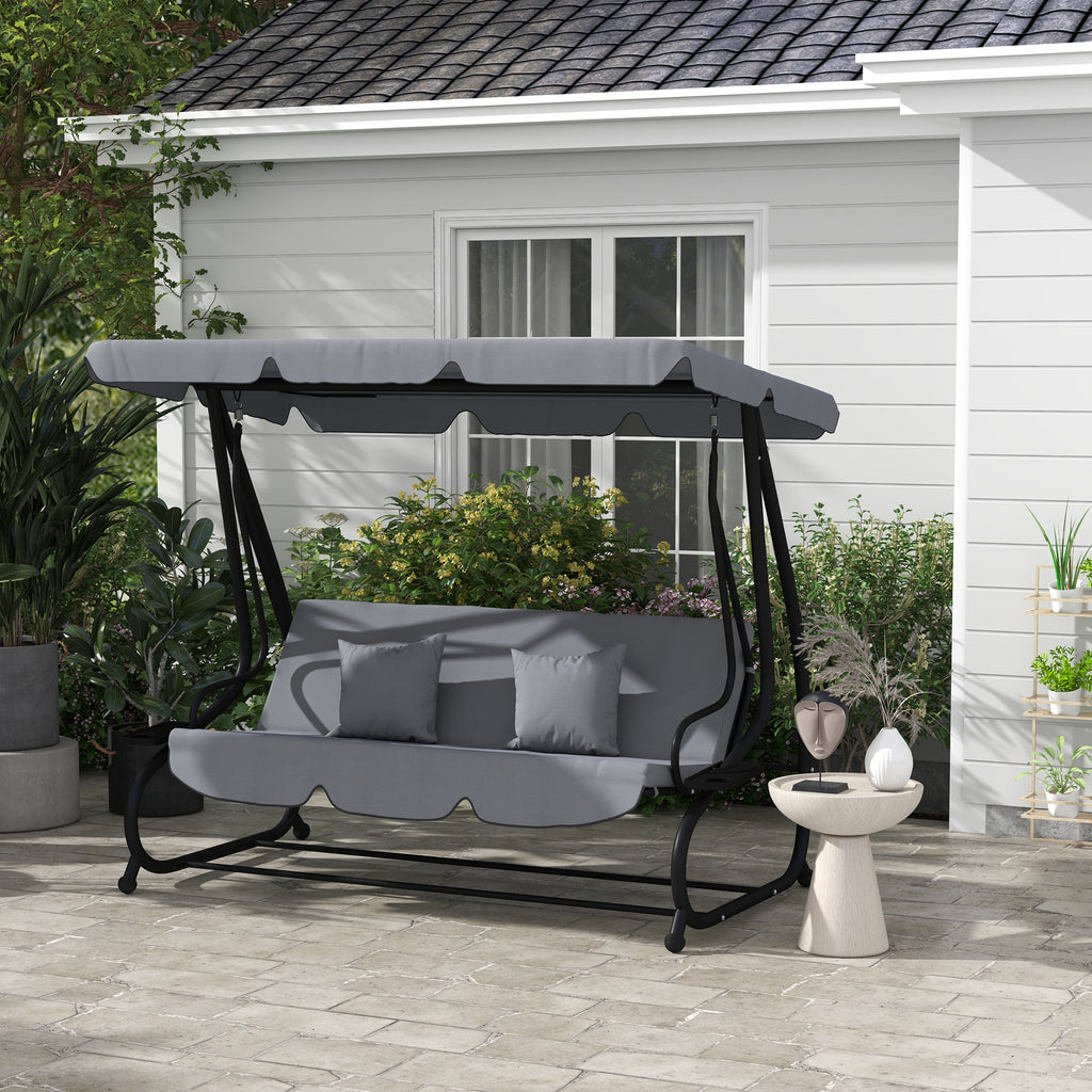 Free Standing Swing Bench, Porch Swing with Stand, Adjustable Canopy, Cushion and Pillows, Dark Gray