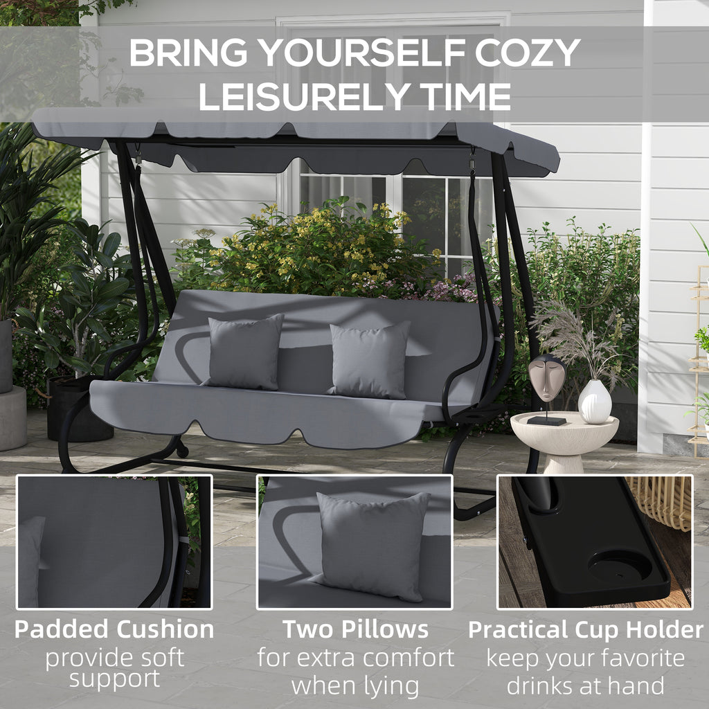 Free Standing Swing Bench, Porch Swing with Stand, Adjustable Canopy, Cushion and Pillows, Dark Gray
