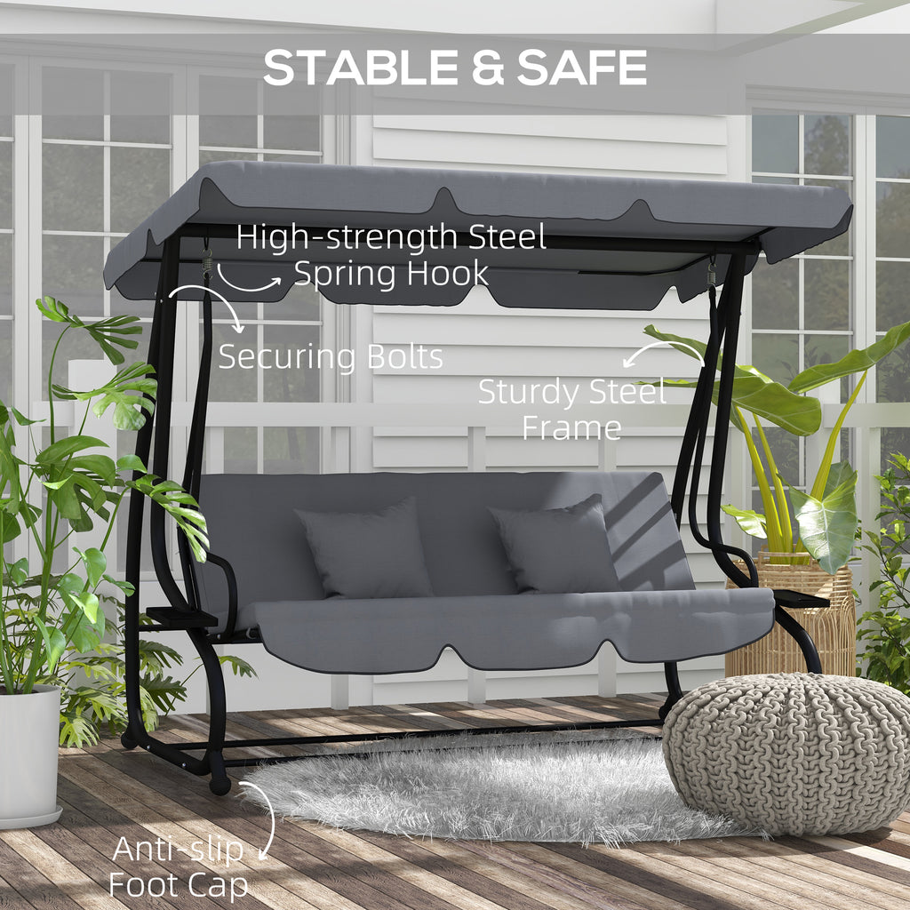 Free Standing Swing Bench, Porch Swing with Stand, Adjustable Canopy, Cushion and Pillows, Dark Gray
