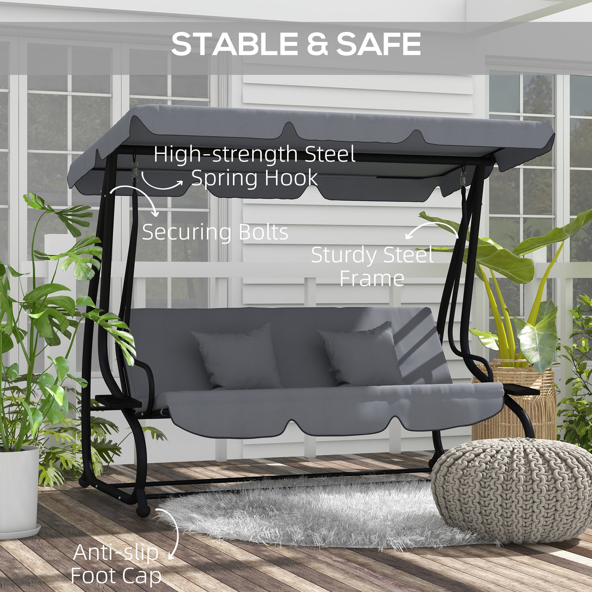 Free Standing Swing Bench, Porch Swing with Stand, Adjustable Canopy, Cushion and Pillows, Dark Gray