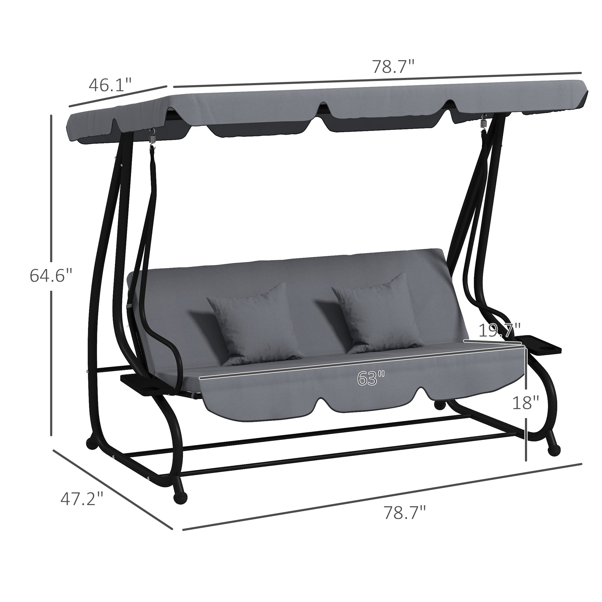 Free Standing Swing Bench, Porch Swing with Stand, Adjustable Canopy, Cushion and Pillows, Dark Gray