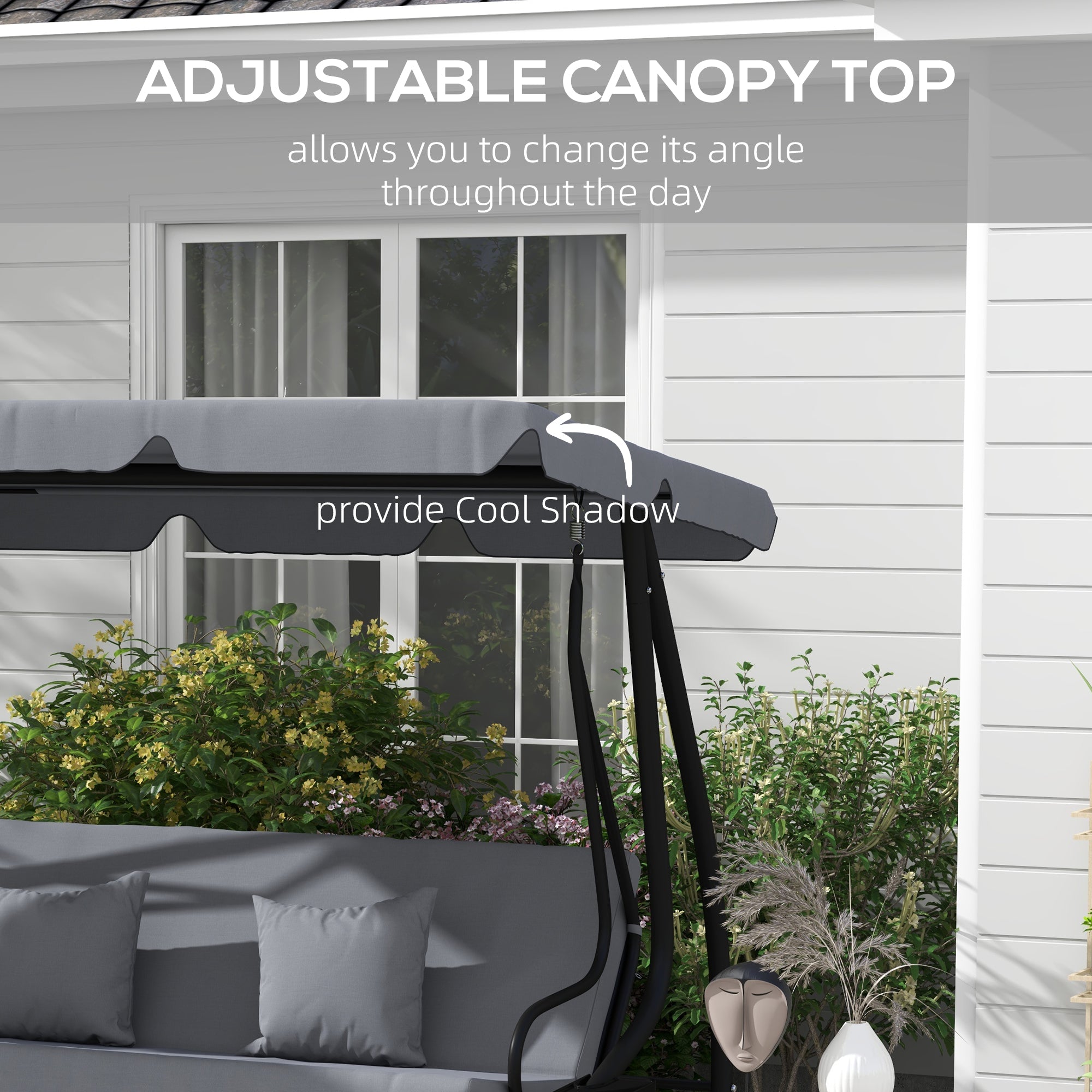 Free Standing Swing Bench, Porch Swing with Stand, Adjustable Canopy, Cushion and Pillows, Dark Gray
